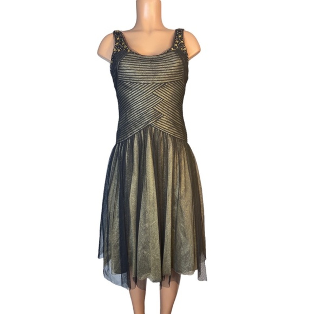 Gold & Black BCBGMaxazria Embellished Formal Halter Below Knee‎ Sz 8 reg 498.00